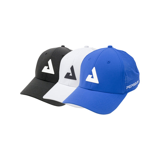 Joola Perseus Hat: Black, white, and blue perforated athletic caps with logo.
