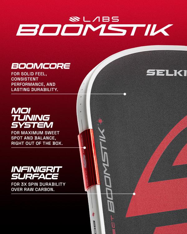 Selkirk Boomstick Labs hockey stick with features highlighted on a red background