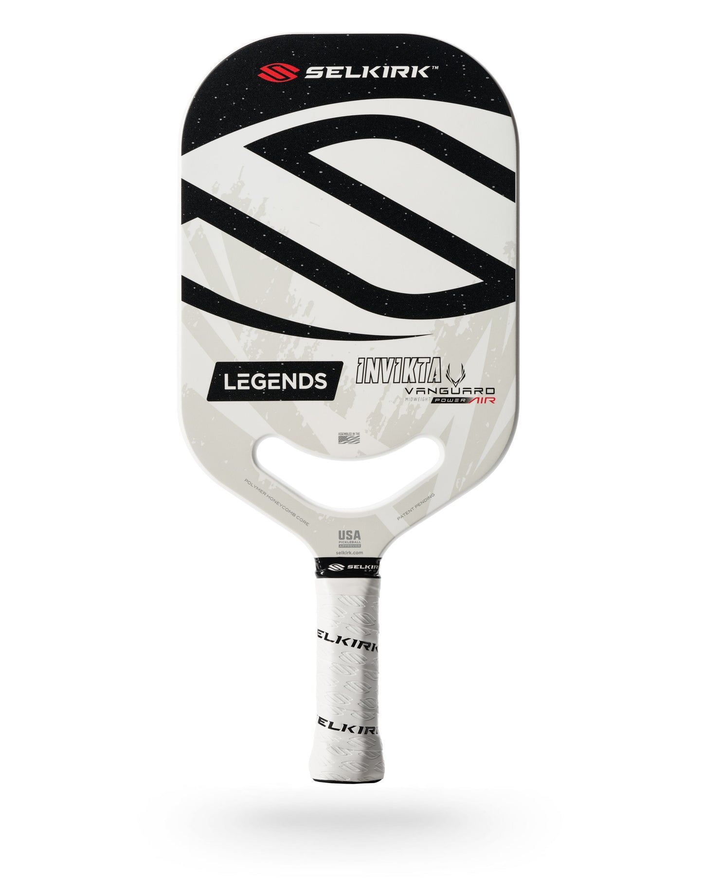 White and black pickleball paddle with a textured grip, showcasing a unique design.
