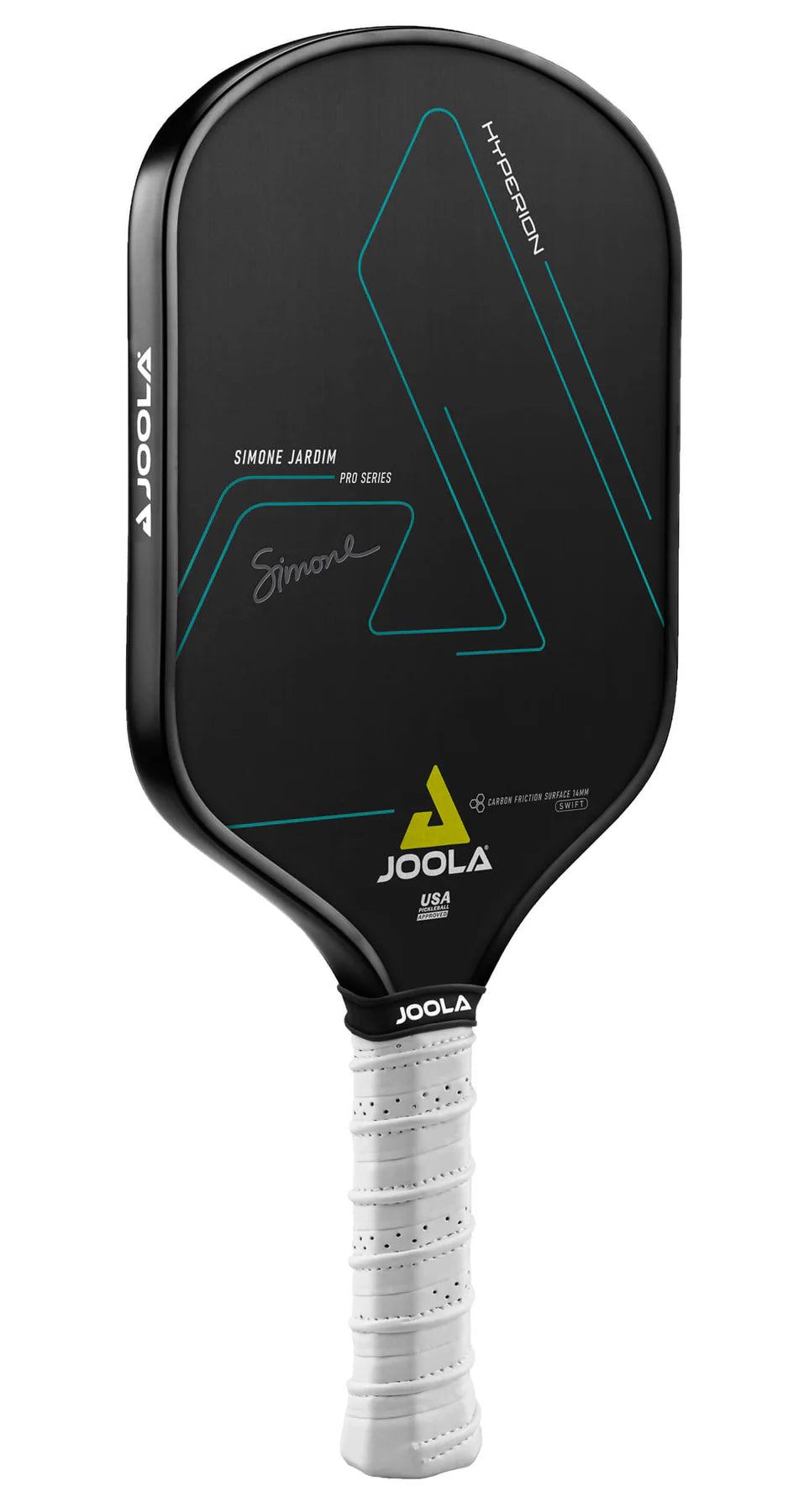 Black pickleball paddle with teal accents and white grip, showcasing pro-series design.
