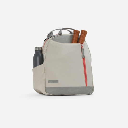 Doubletake Melbie Pickleball Backpack/Tote: Beige canvas backpack with grey accents & coral zipper, roomy enough for paddles & water bottle.
