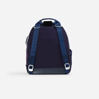 Navy blue pickleball backpack with padded straps, shown from the back.
