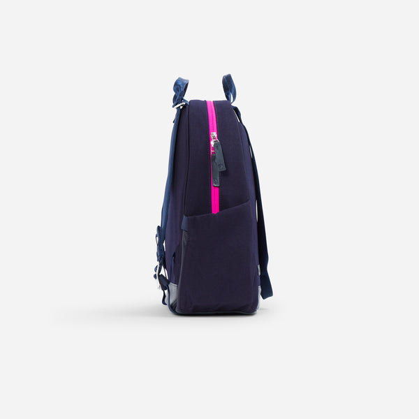 Navy blue pickleball backpack with hot pink zipper detail, shown from the side.
