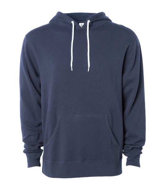 Navy blue Bobby Riggs logo hoodie with white drawstrings and kangaroo pocket.
