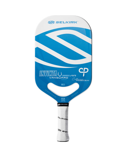 Blue and white pickleball paddle with a polymer honeycomb core; midweight design.
