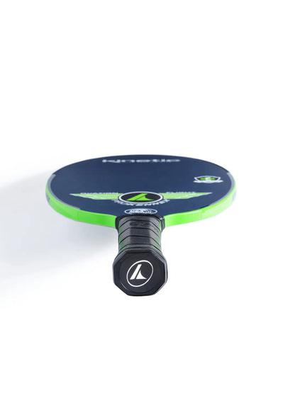 Pickleball paddle with navy blue face, bright green trim, and black grip.
