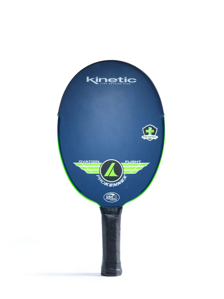 ProKennex Ovation Flight pickleball paddle, navy blue with lime green accents, Kinetic technology.
