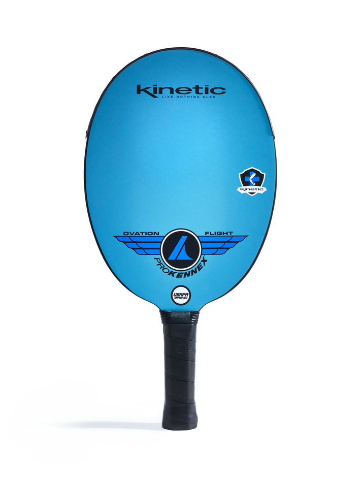 Light blue pickleball paddle with black handle and graphic design.
