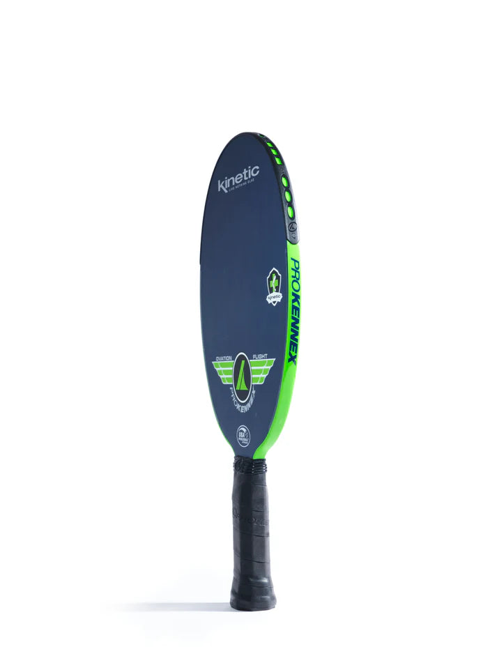 Pickleball paddle with a dark-blue face, lime green accents, and a textured grip.
