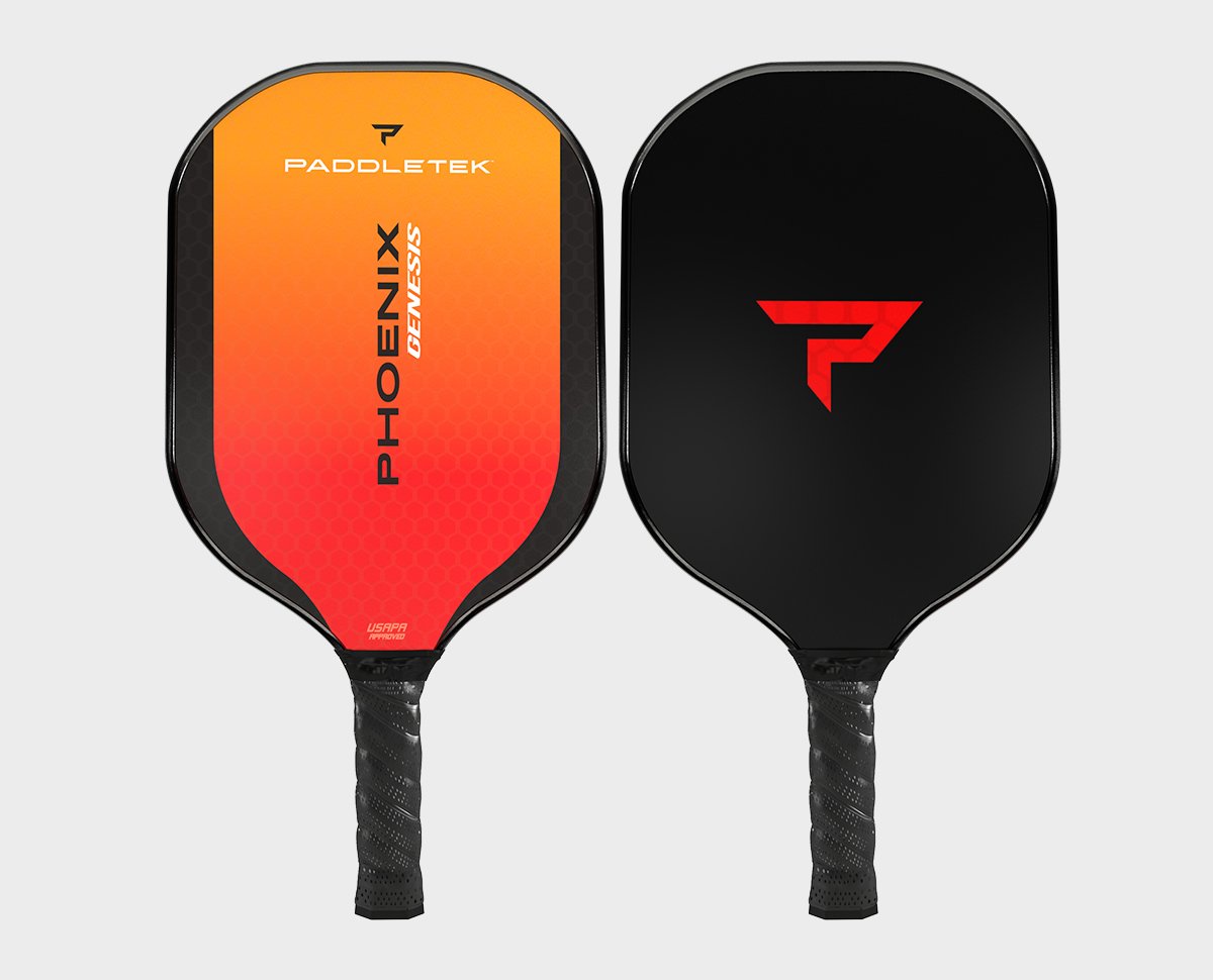 Orange and black pickleball paddle with textured grip, shown from both sides.
