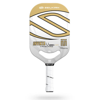 White and gold pickleball paddle with PowerAir technology; Invikta Vanguard model.
