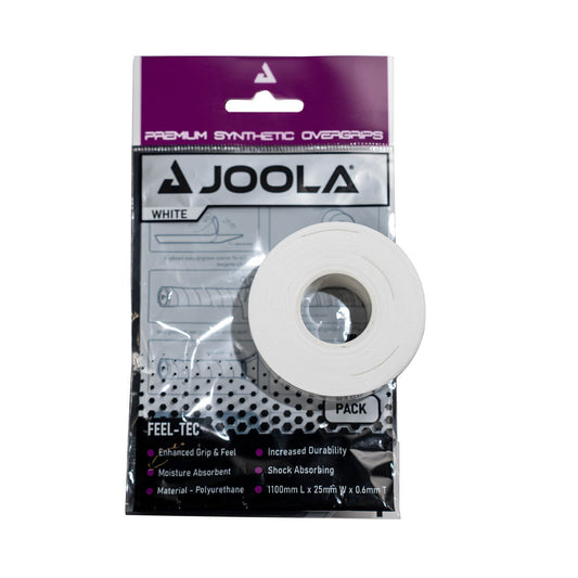 Joola Premium Pickleball Paddle Overgrip (4-pack): White, polyurethane, enhanced grip & feel, increased durability, moisture-absorbing, shock-absorbing.
