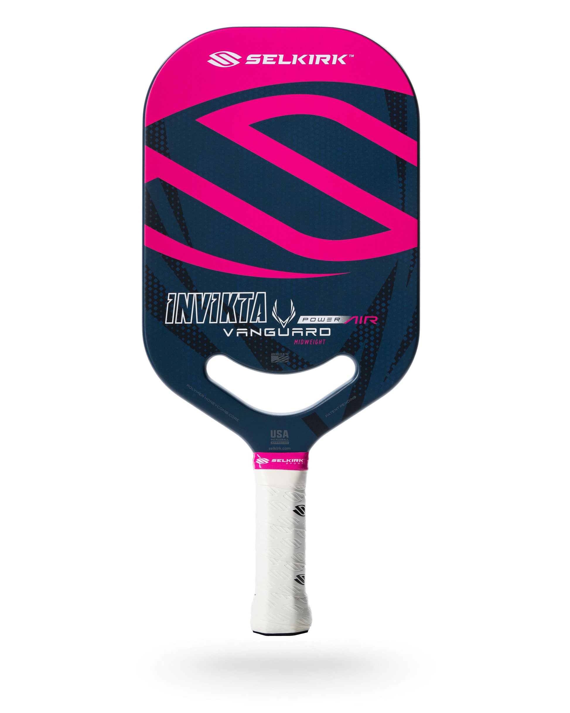 Selkirk Vanguard Power Air Invikta Pickleball Paddle: Midweight, navy blue & pink, polymer honeycomb core.
