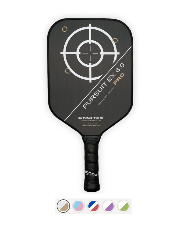 Engage Pursuit EX 6.0 Pro pickleball paddle; raw T700 carbon fiber, 16mm core.
