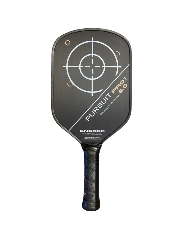 Engage Pursuit Pro1 6.0 pickleball paddle: Raw T700 carbon fiber, 16mm core, black & gold design.
