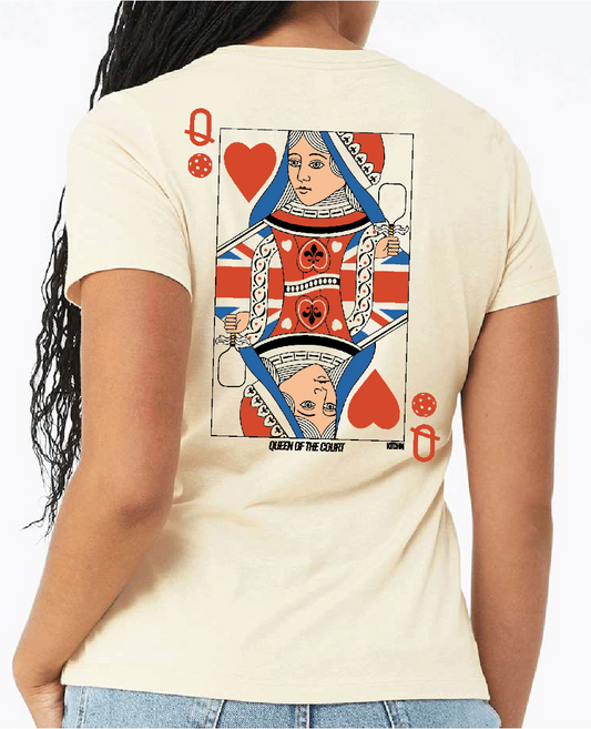 KTCHN Queen of the Court T-shirt: Cream tee featuring a Queen of Hearts design holding pickleball paddles.
