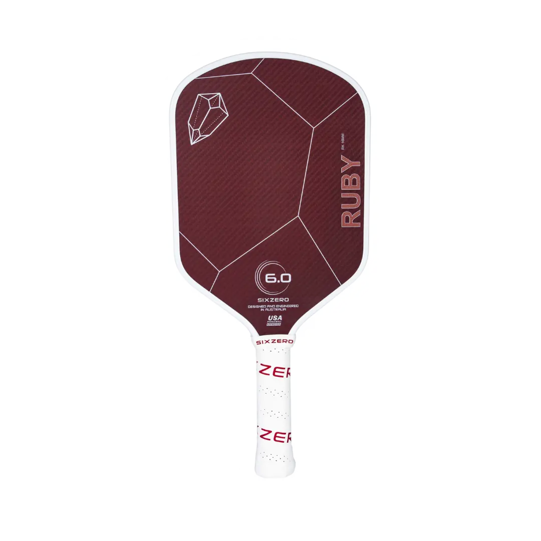 Six Zero Ruby 16mm Pickleball Paddle: maroon, white, 6.0 core, designed in Australia.
