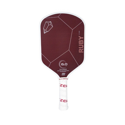 Six Zero Ruby 16mm Pickleball Paddle: maroon, white, 6.0 core, designed in Australia.
