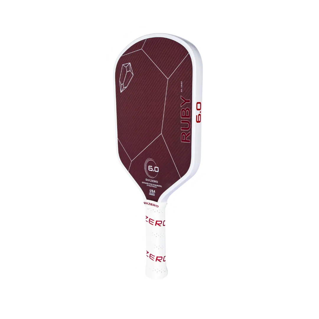 16mm pickleball paddle with maroon face and white grip.
