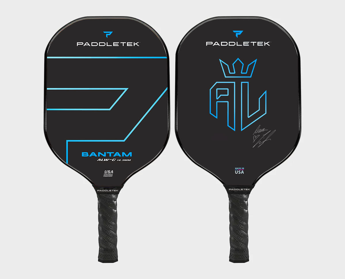 Paddletek Bantam ALW-C 14.3mm Pickleball Paddle: Black with blue accents, Made in USA.
