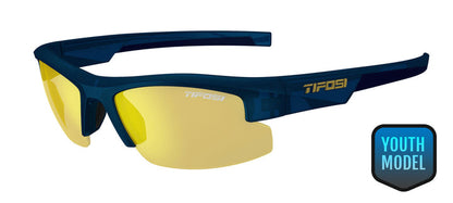 Tifosi ShutOut Youth Model sunglasses, midnight navy frames with smoke yellow mirror lenses.
