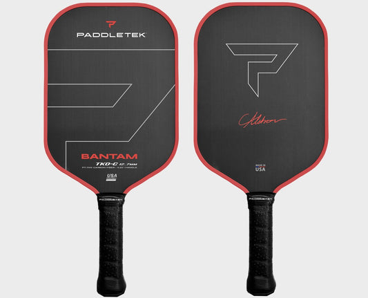 Paddletek Bantam TKO-C 12.7mm Pickleball Paddle: Black with red trim, PT-700 carbon fiber, 5.25" handle, Made in the USA.
