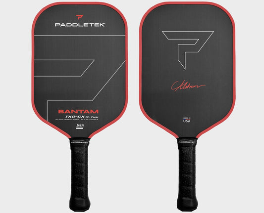 Paddletek Bantam TKO-CX 12.7mm pickleball paddle; black with red trim, PT-700 carbon fiber, XL 5.75" handle, made in USA
