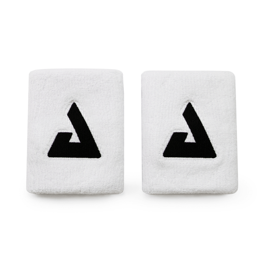 Joola Trinity wristbands (2-pack): White, absorbent fabric wristbands with black logo, ideal for athletes.
