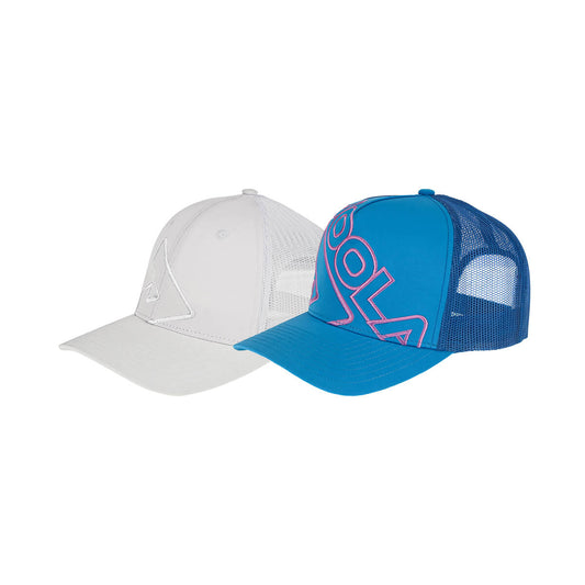 Joola Trucker Hat: Gray & Blue mesh back trucker hats with embroidered logo.
