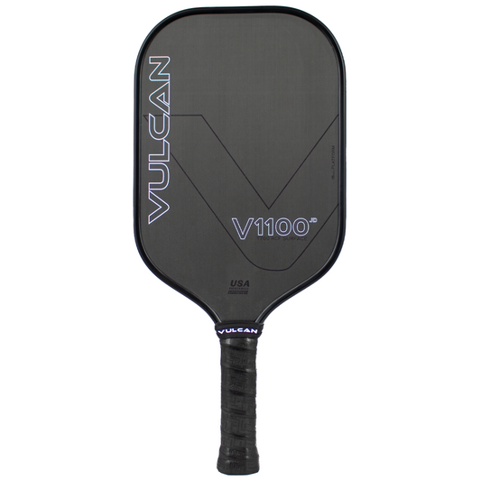 Vulcan V1100JD pickleball paddle: raw carbon fiber, black, T700 graphite surface.
