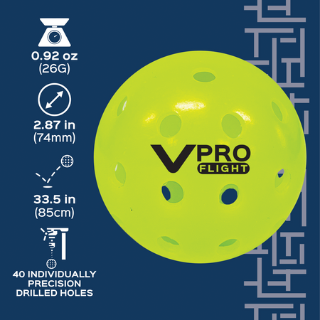 Bright yellow pickleball with 40 precision holes, shown against a dark blue background.
