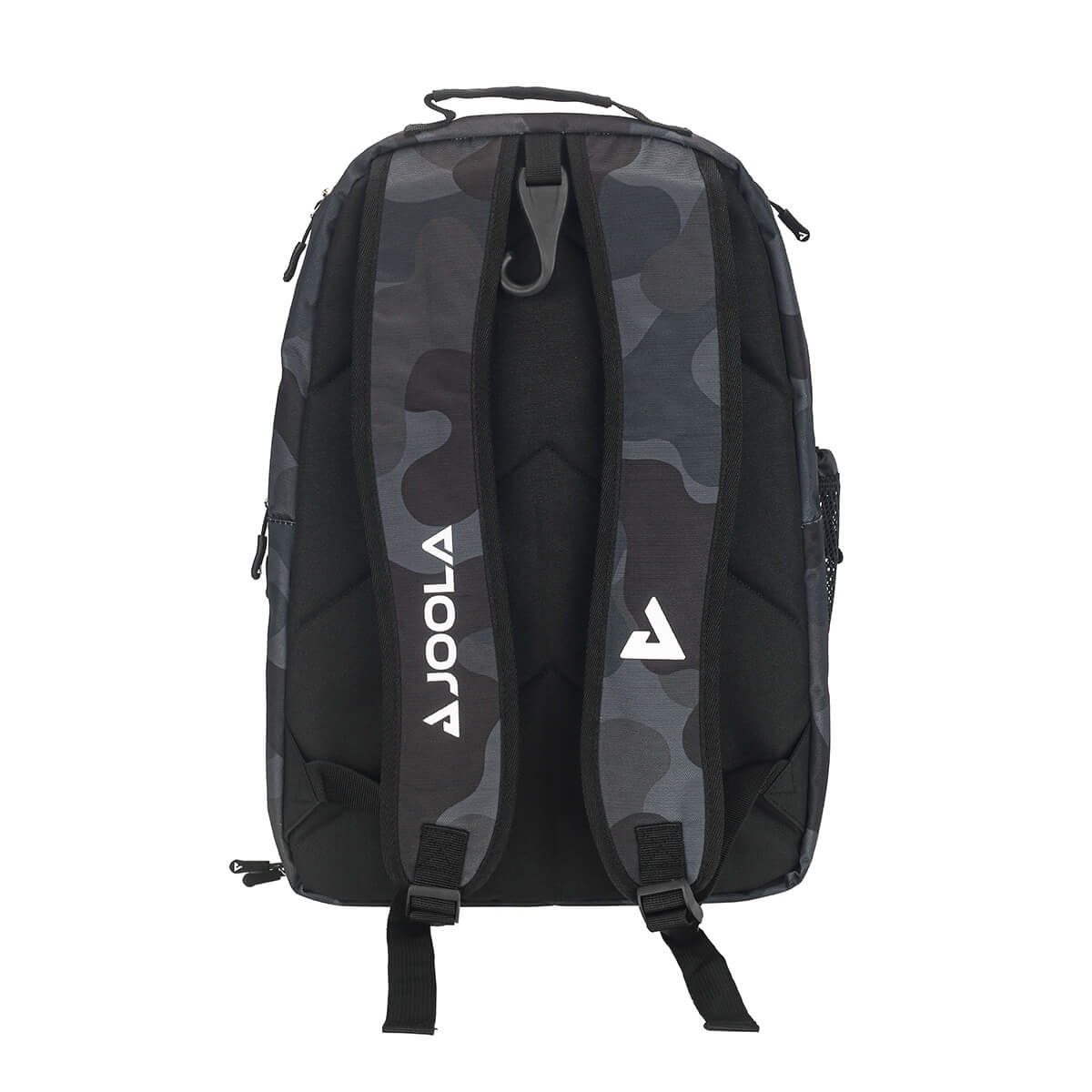 Grey camo backpack with adjustable straps, shown from the back.
