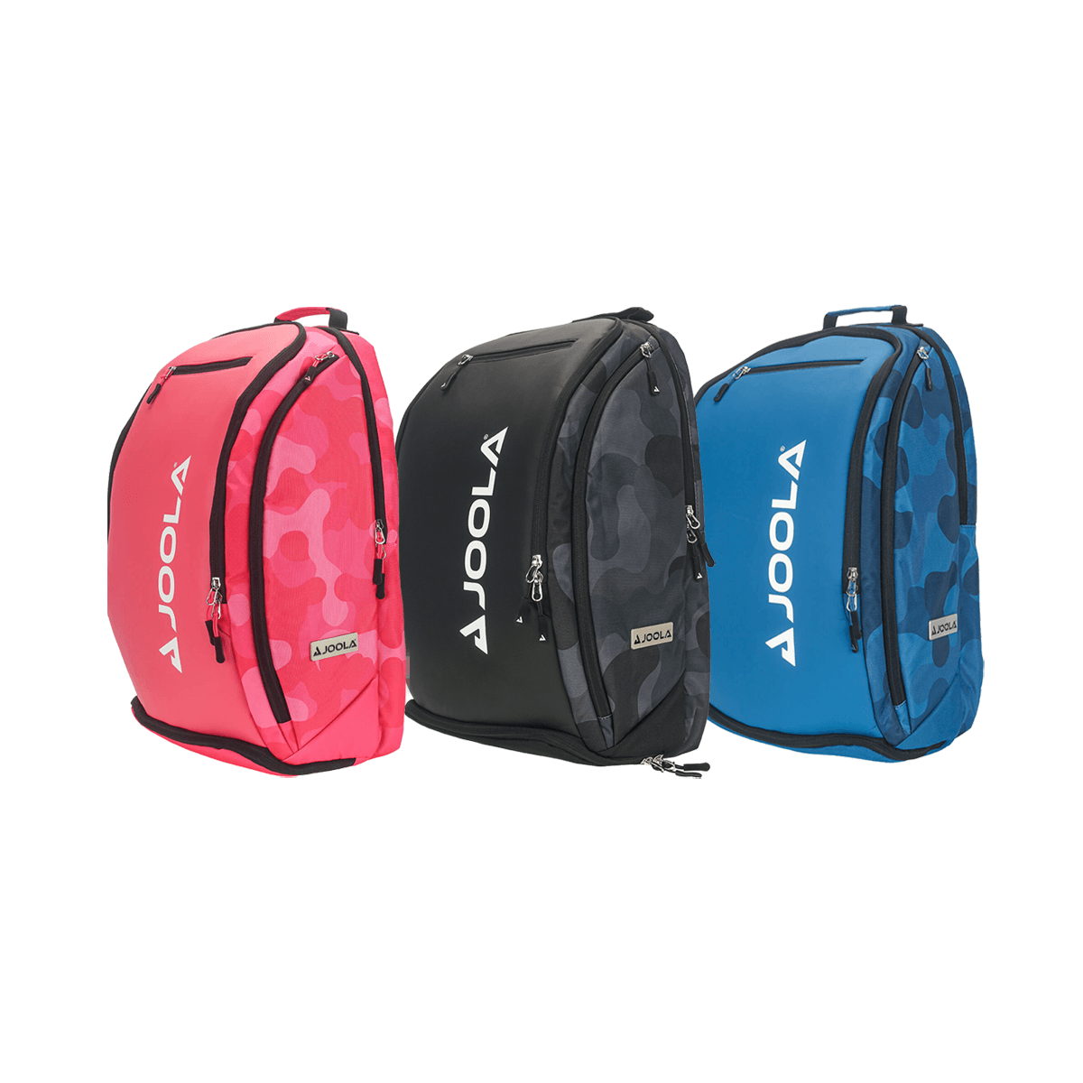 Joola Vision II Deluxe Backpack: Pink, black, and blue camouflage designs.
