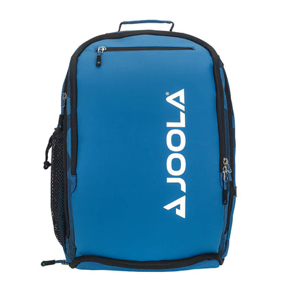 Blue deluxe backpack with side pockets and zipper closures.
