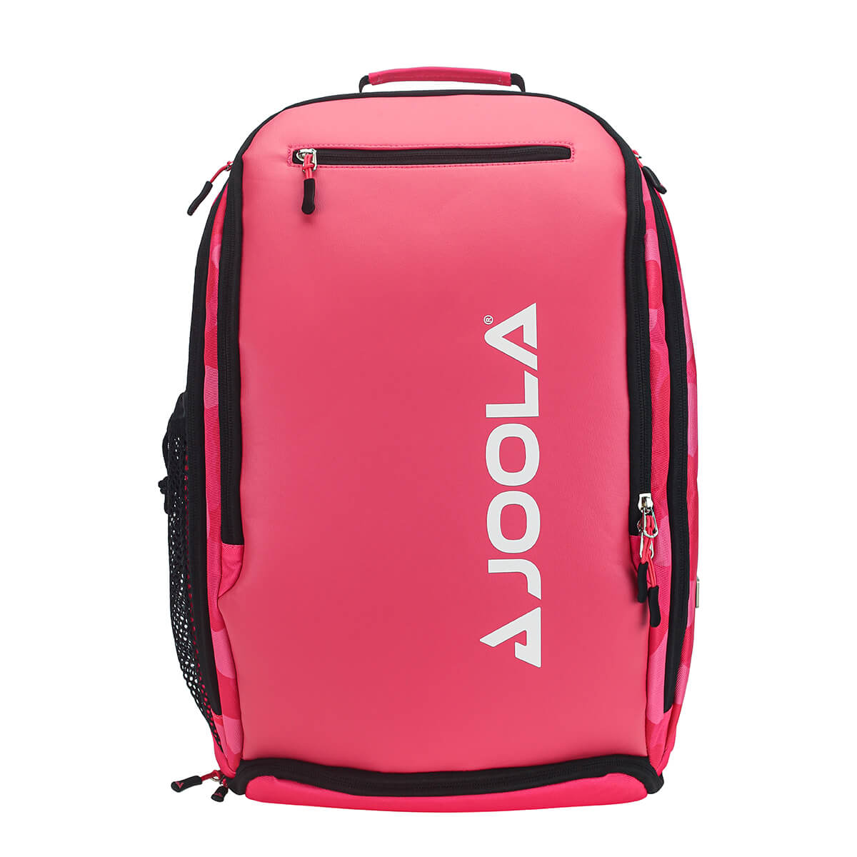 Pink backpack with black accents and side mesh pockets.
