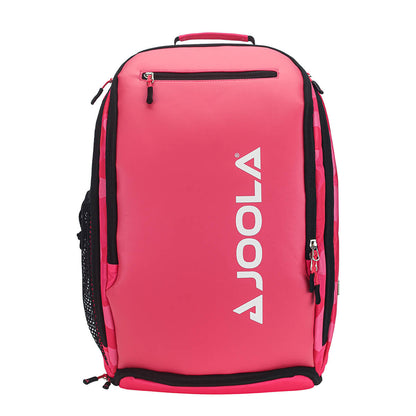 Pink backpack with black accents and side mesh pockets.
