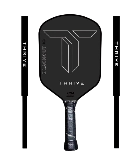 Thrive Blackout 18 Pickleball Paddle: Sleek black design, textured grip.
