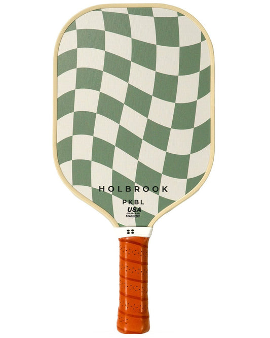 Holbrook Performance Centre Court Pickleball Paddle:  Green & white checkered face, orange grip, PKBL USA approved.
