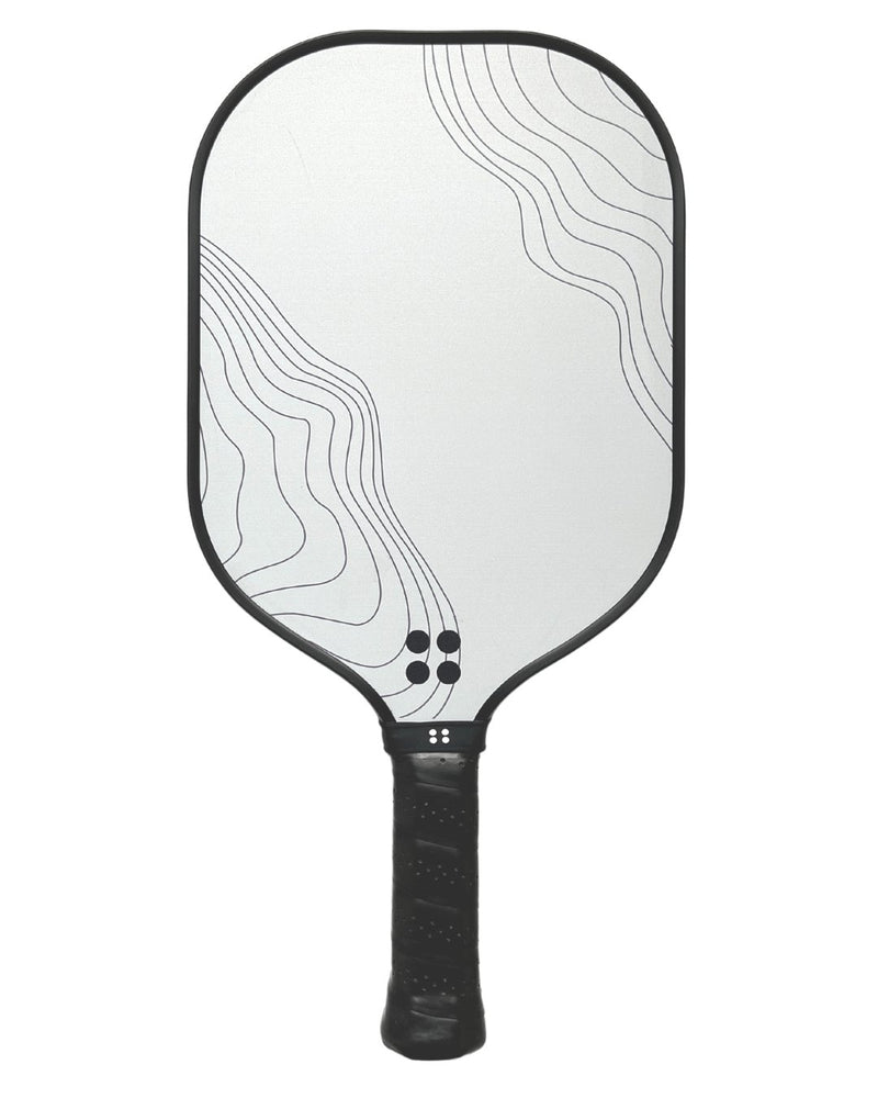 Pickleball paddle with gray face, black grip, and a wavy line design.
