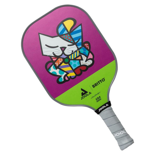 Joola Brito Squeak Pickleball Paddle, purple and green with colorful cat design.
