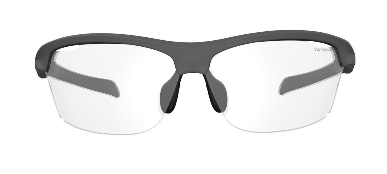 Matte gunmetal gray sunglasses with clear lenses, showcasing a wraparound design.
