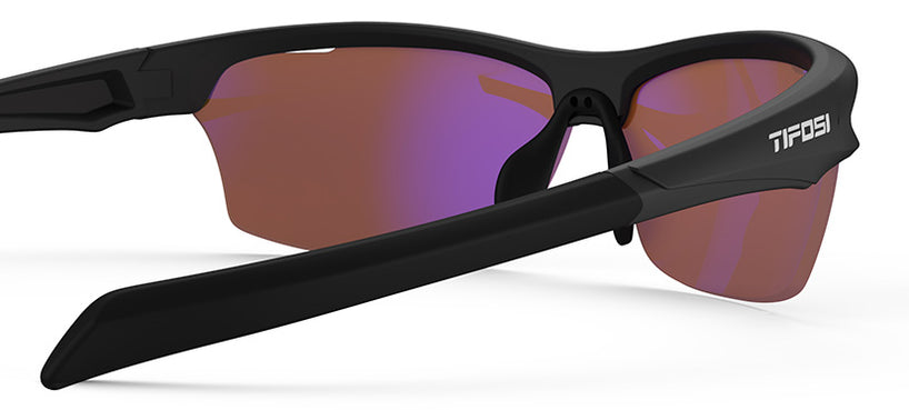 Black sporty sunglasses with AC Red lenses, showcasing a side profile view.
