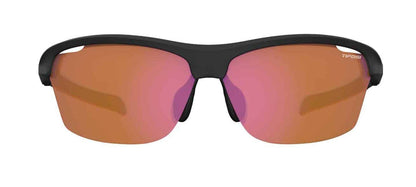 Matte black sunglasses with AC red lenses; sporty design.
