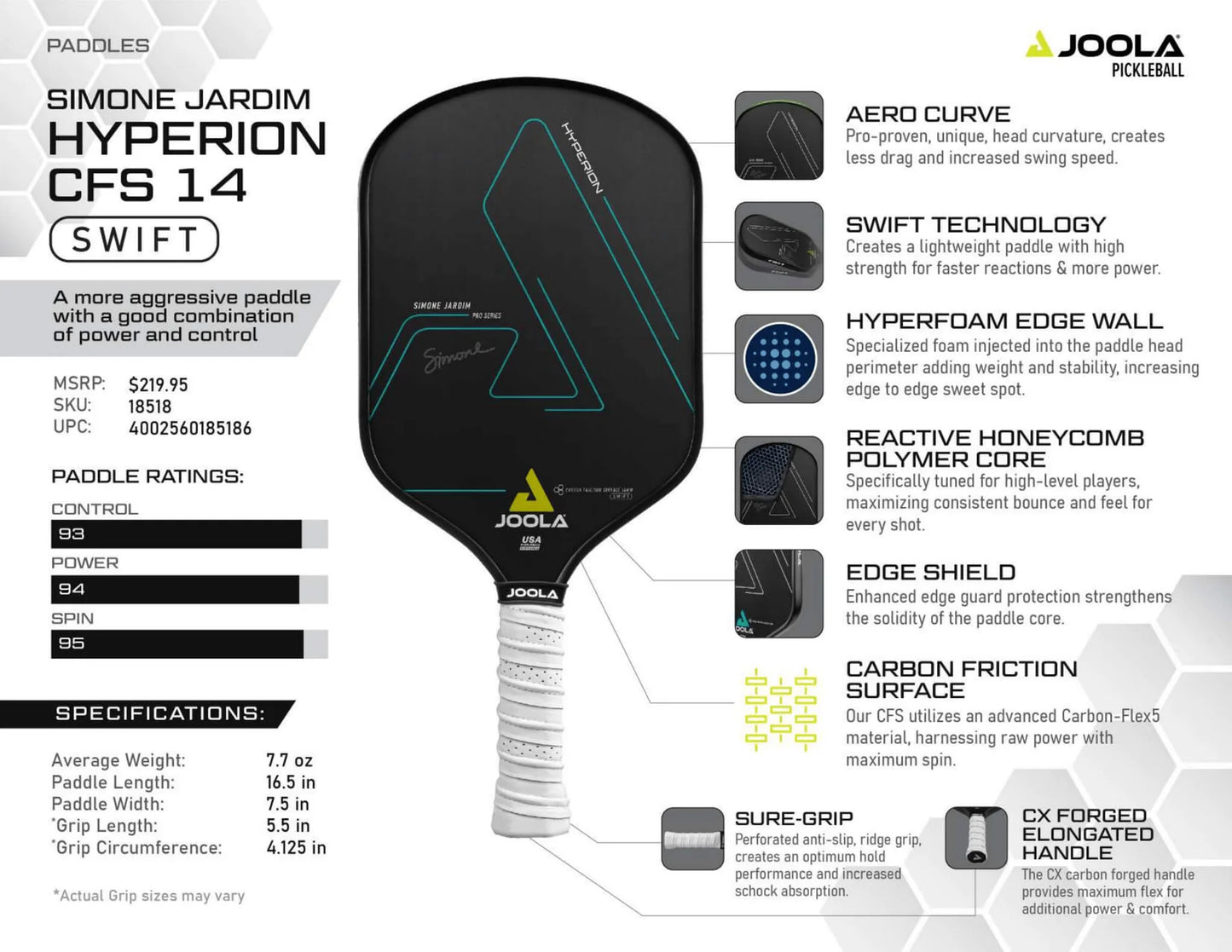 Black pickleball paddle with teal accents, detailed specifications, and close-up shots of its features.
