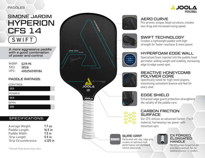 Black pickleball paddle with teal accents, detailed specifications, and close-up shots of its features.
