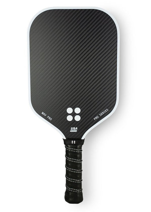 Holbrook Pro-Mav Pro 13mm Pickleball Paddle: black carbon fiber face, white trim, perforated grip.
