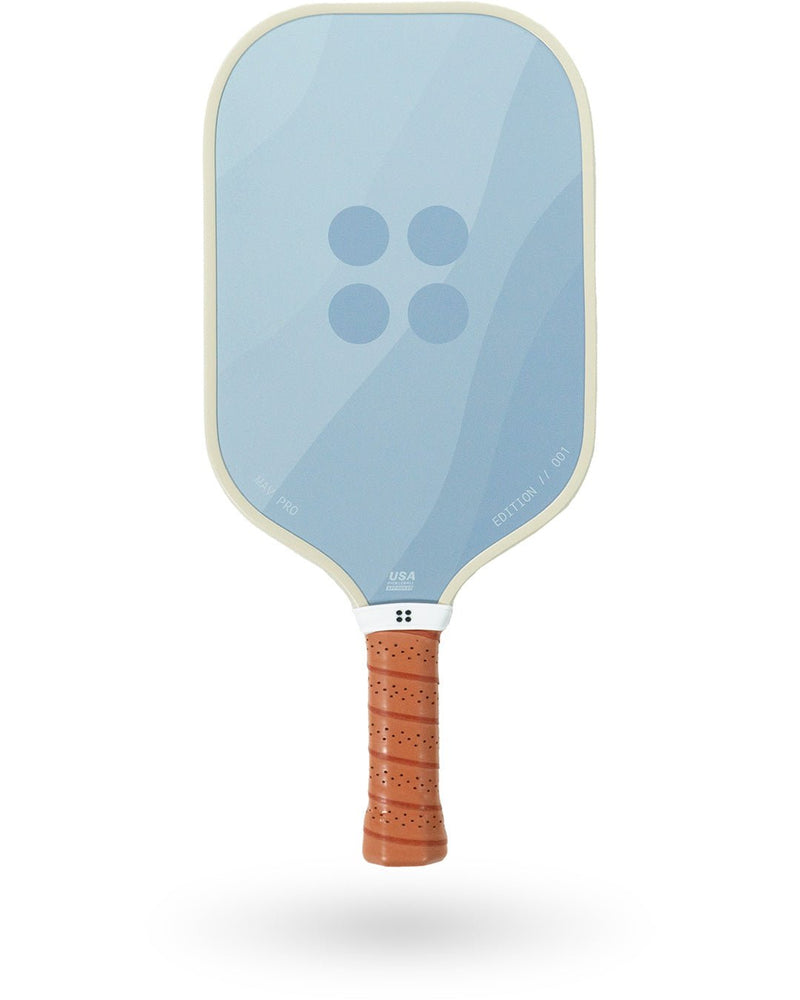 Holbrook Pro-Mav Pro E 16mm Pickleball Paddle, light blue with tan grip, edition 001.
