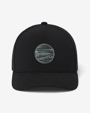 Travis Mathew Long Journey Snapback Hat: black, stylish, curved brim hat with unique circular logo.
