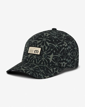 Dark green baseball cap with a floral print and small logo patch.
