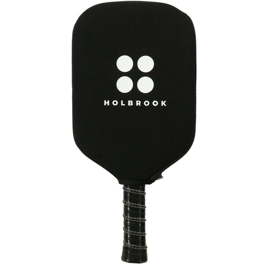 Holbrook Pickleball Paddle Cover: black neoprene paddle cover with white logo & zipper.
